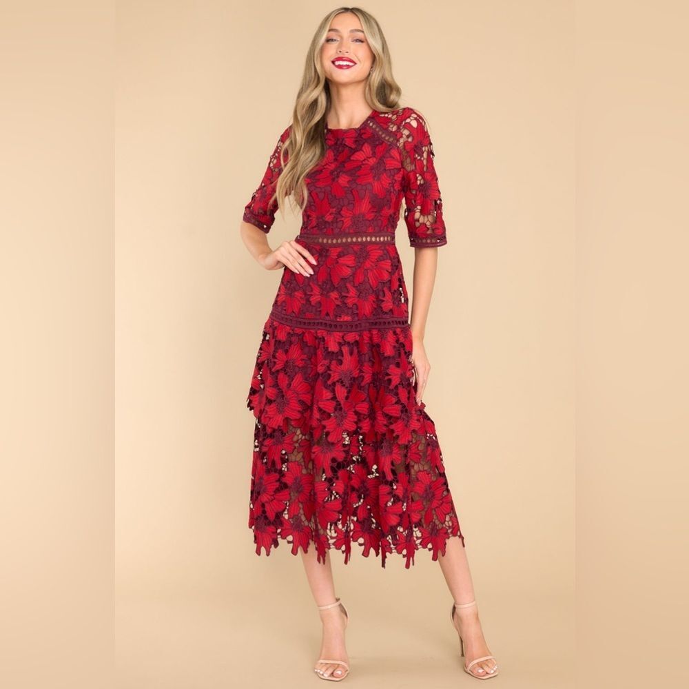 Just Me Red Floral Lace Midi Dress